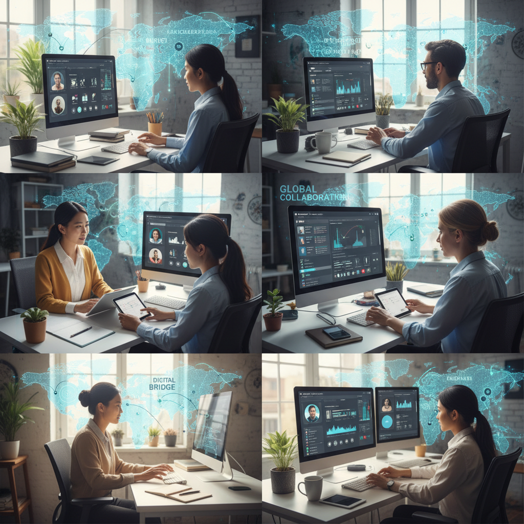 A diverse team of expat professionals from different countries collaborating remotely on a modern CRM system, with world map elements in the background, showing digital connections across continents. Photorealistic, bright, professional.