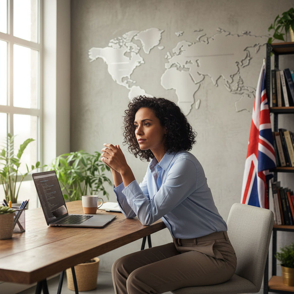 A professional expat sitting at a desk in a modern home office with a laptop, looking slightly pensive but determined, with a UK flag and a subtle world map in the background. Photorealistic, soft lighting.