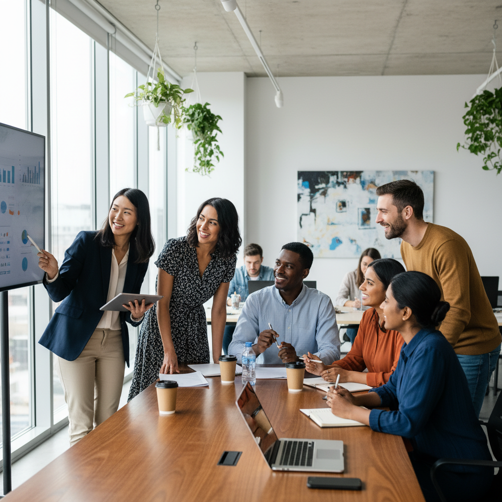 A diverse group of expat professionals from different countries engaging in a lively discussion in a modern, sunlit co-working space, with a focus on their professional interaction. Photorealistic, vibrant colors.
