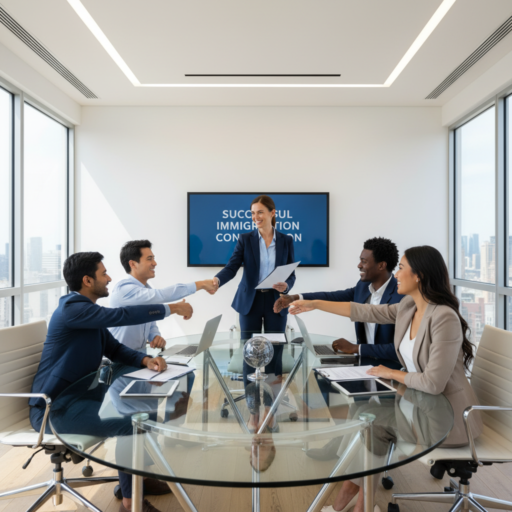 A diverse group of people from different nationalities shaking hands with a professional, friendly female lawyer in a modern, brightly lit office setting, symbolizing successful immigration consultation. Photorealistic, wide shot.