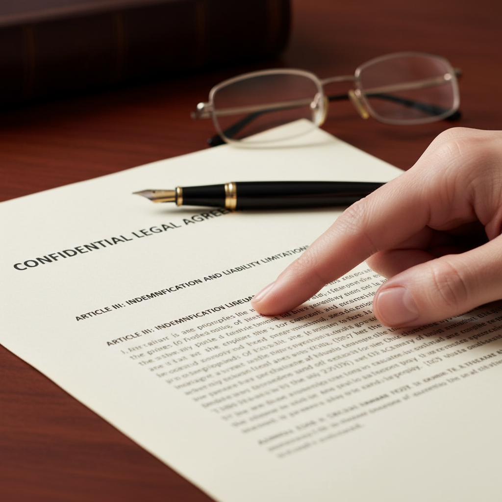 A close-up shot of a legal document with a pen, a pair of glasses, and a professional-looking hand pointing to a specific clause, indicating attention to detail and legal expertise. Focus on document clarity and legal tools. Photorealistic.