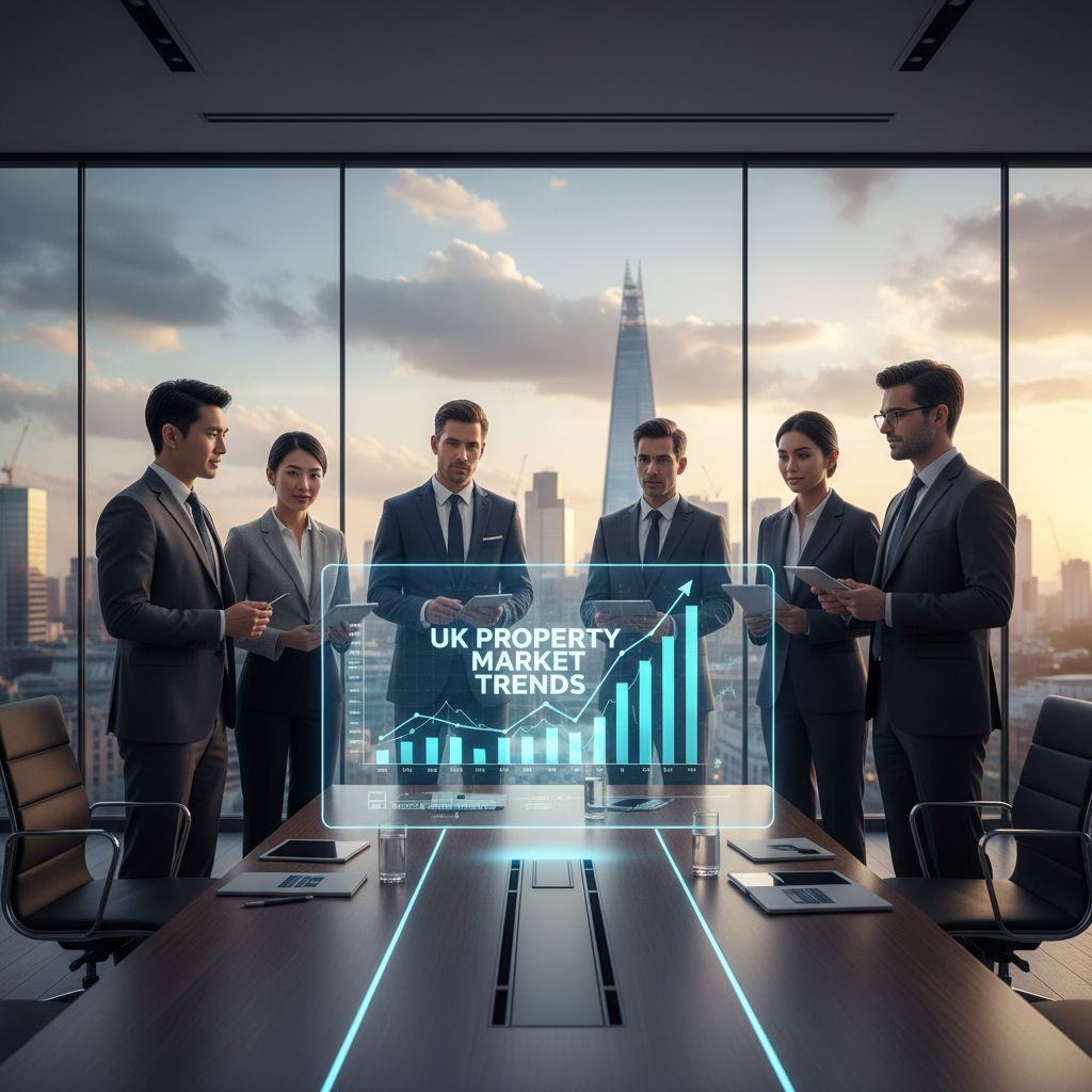A diverse group of expats, professionally dressed, looking at a large financial graph or UK property market trends on a holographic screen, with a London skyline in the background, photorealistic