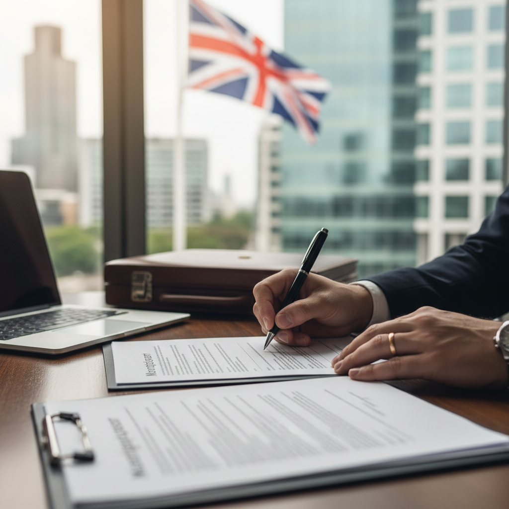 A close-up shot of an expat professional's hands signing a mortgage agreement, with a blurred UK flag and modern office background, emphasizing professionalism and important paperwork, photorealistic