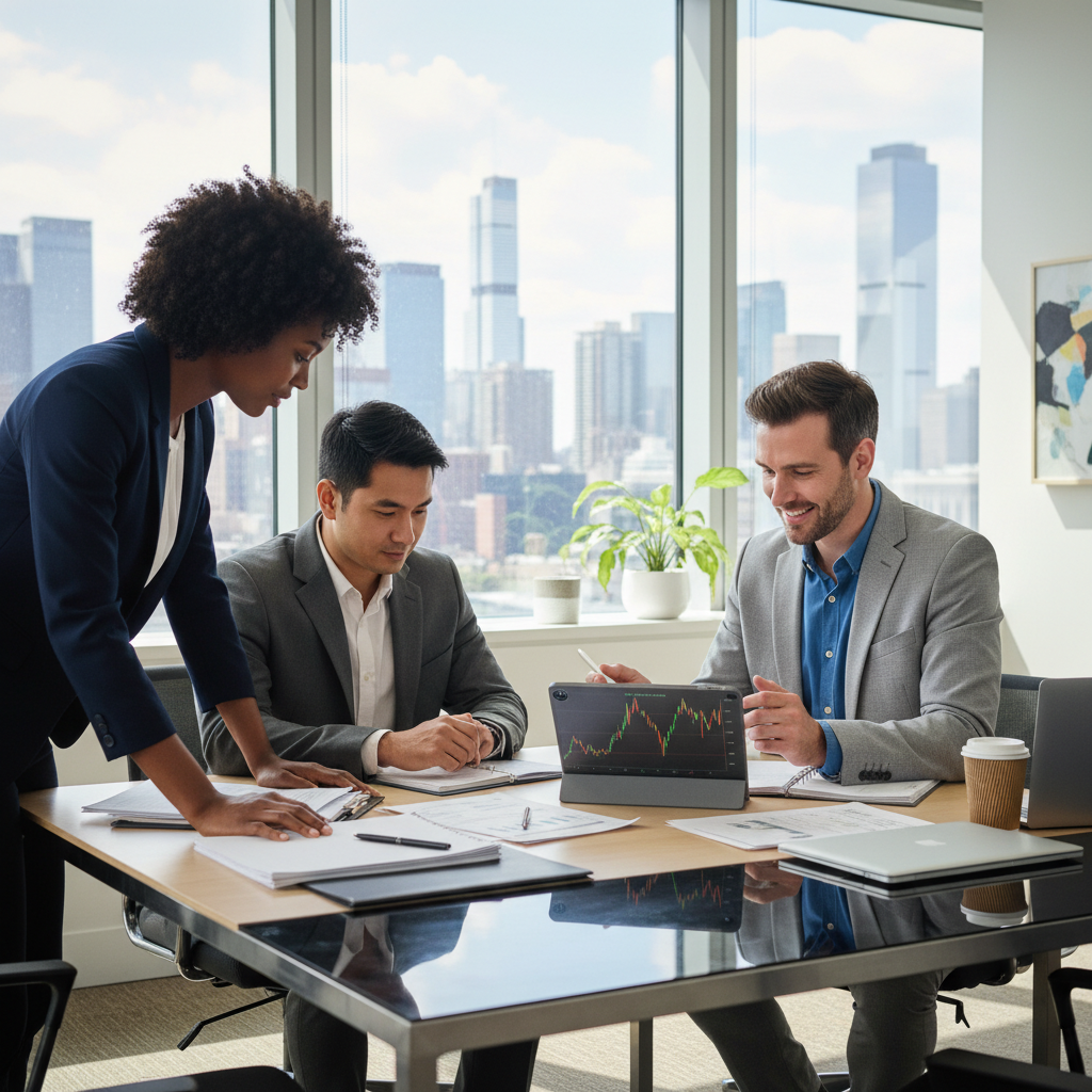 A diverse group of professional expats, one male and one female, sitting around a modern office table, intently discussing financial documents with a knowledgeable and friendly financial advisor. The advisor is pointing to a chart on a tablet. The setting is bright and contemporary, with large windows overlooking a city skyline. Photorealistic, high detail.