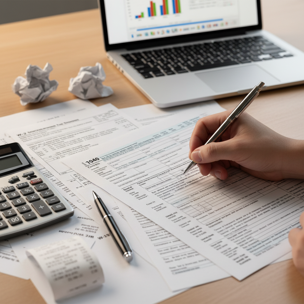 A close-up, high-angle shot of a hand filling out complex tax forms, surrounded by various official documents, a calculator, a pen, and a laptop displaying financial data. The lighting is focused and professional, emphasizing the detail of the paperwork. Photorealistic, studio quality.