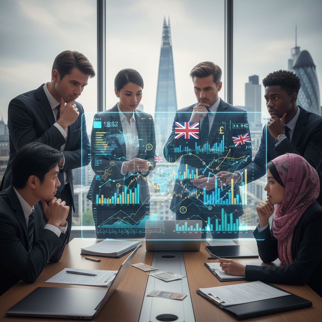 A diverse group of people from different nationalities looking thoughtfully at a complex financial chart with UK flags and currency symbols, symbolizing international tax planning, photorealistic, professional setting.