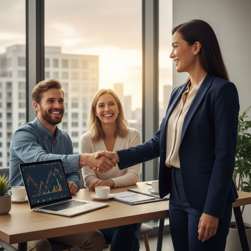A professional female financial advisor in a modern office, shaking hands with a smiling expat couple, with a laptop displaying financial charts in the background, warm and inviting atmosphere, photorealistic.