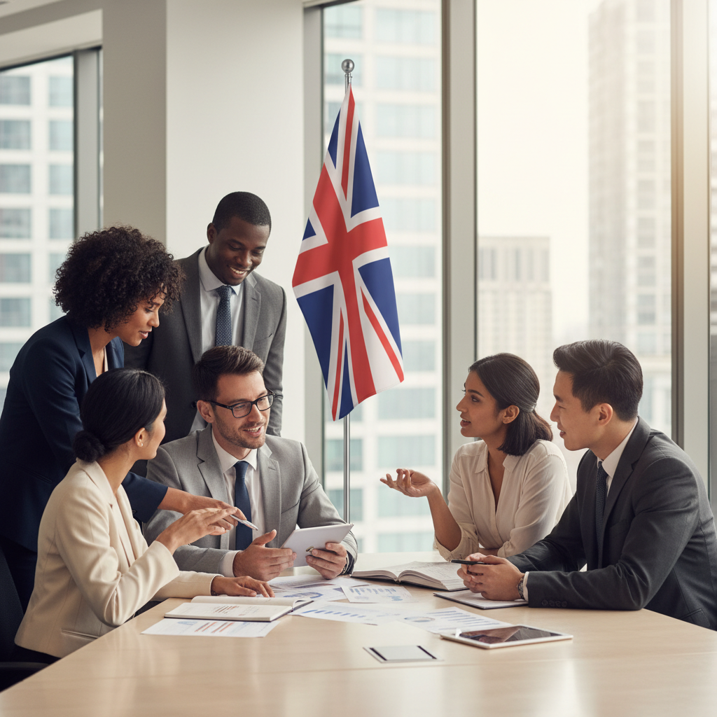 A diverse group of international business people in a modern office setting, looking at business documents and discussing strategy with a subtle UK flag in the background, professional and collaborative atmosphere, photorealistic.