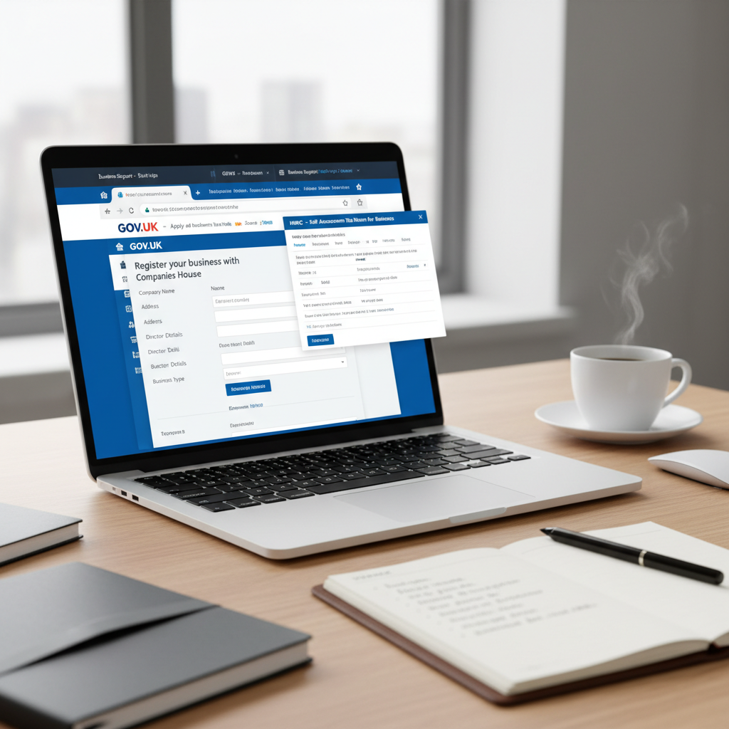 A close-up, photorealistic shot of a laptop screen displaying various UK government website forms for business registration and tax filing, with a pen and notepad nearby, organized and professional desk environment.