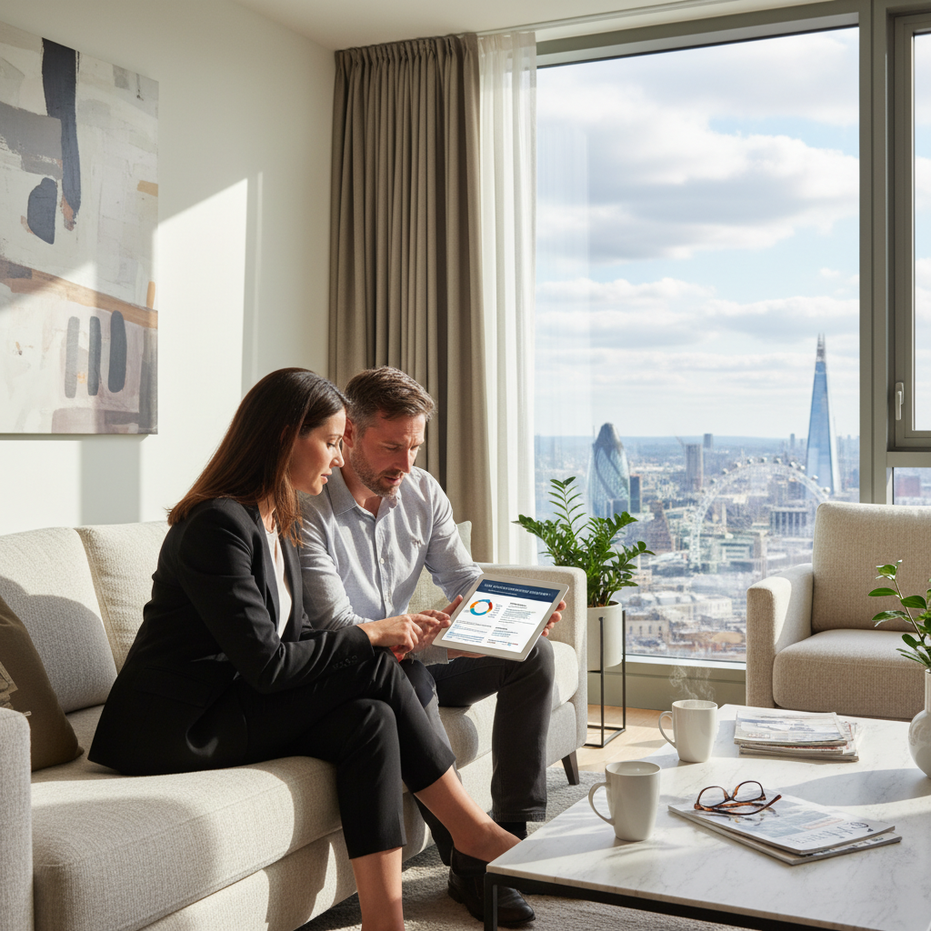 A professional expat couple reviewing UK property investment documents on a tablet in a modern, sunlit apartment, with a London skyline visible outside the window. Photorealistic, high detail.