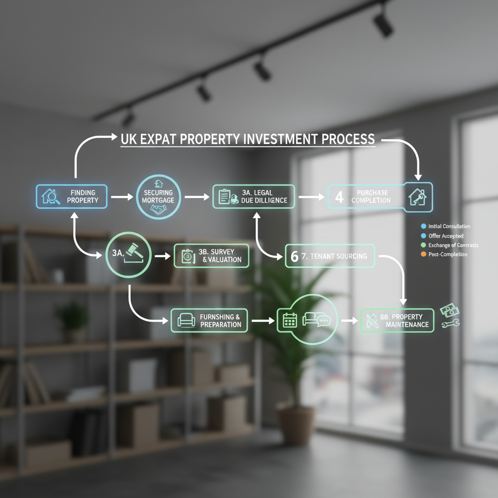 An intricate diagram showing the process of UK property investment for an expat, with steps like 'Finding Property', 'Securing Mortgage', 'Legal Due Diligence', 'Tenant Management', all connected by arrows. Professional, clean design, photorealistic.
