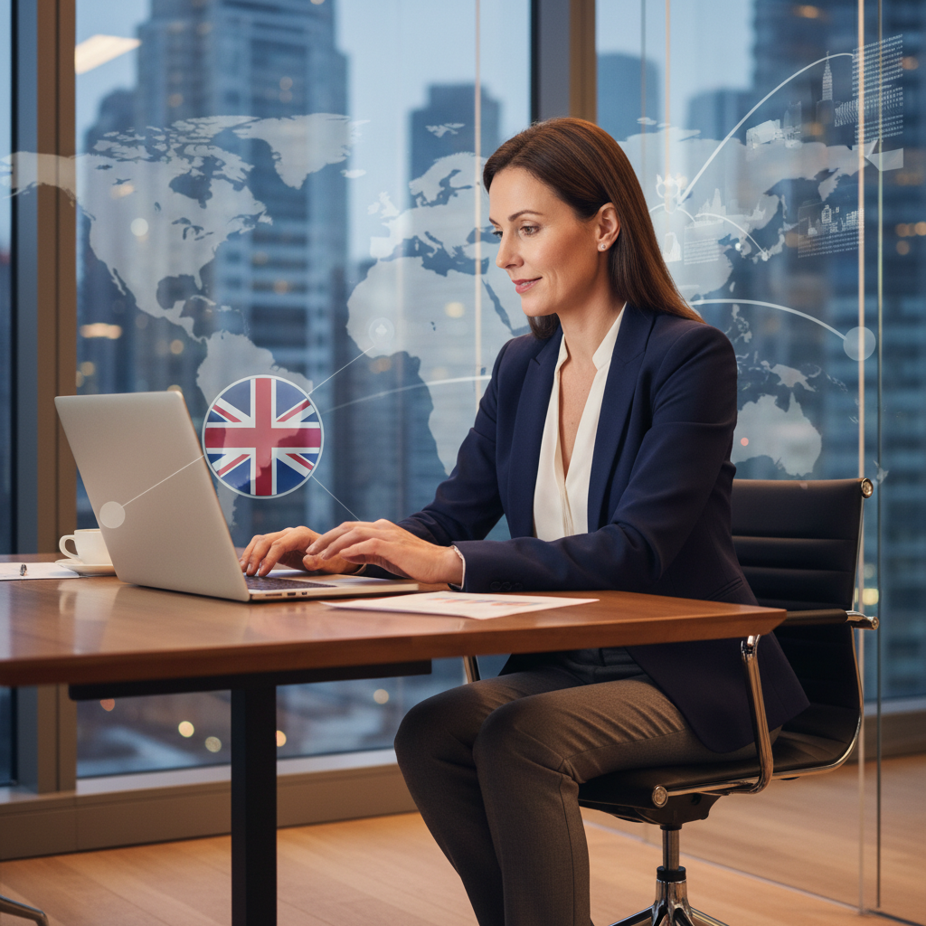 A professional businesswoman sitting in a modern office, looking at a laptop with a UK flag subtly visible on the screen or in the background, conveying global business expansion, photorealistic, cinematic lighting