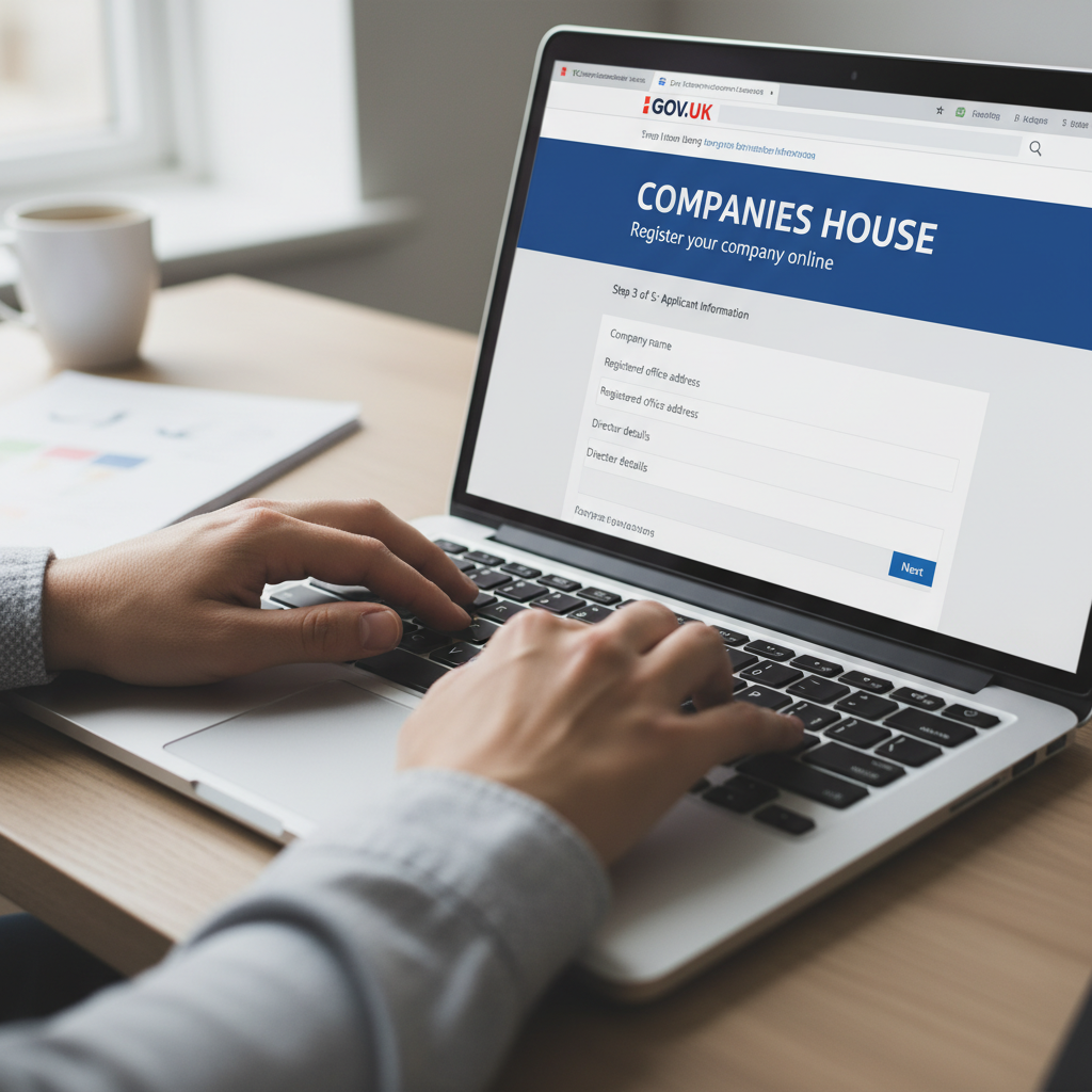 A close-up shot of hands typing on a laptop keyboard, with official UK government website interface (like Companies House) visible on the screen, indicating online registration process, professional and clear, photorealistic