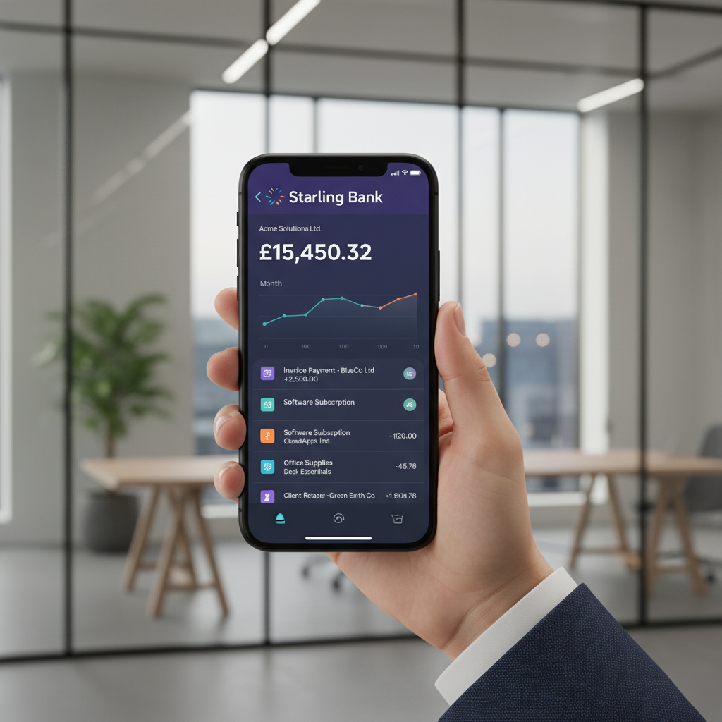 A vibrant, modern smartphone screen displaying the Starling Bank app interface for business accounts, with charts and transaction lists, held by a hand in a sleek, professional office setting. Photorealistic, high-resolution.
