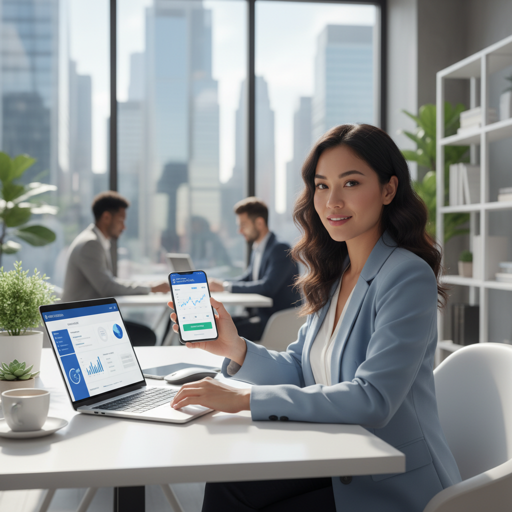 A professional expat entrepreneur, perhaps from Asia or Latin America, sitting at a modern desk with a laptop, confidently managing their business finances online using a digital banking app. The setting is bright and clean, symbolizing efficiency. Photorealistic, high-resolution.