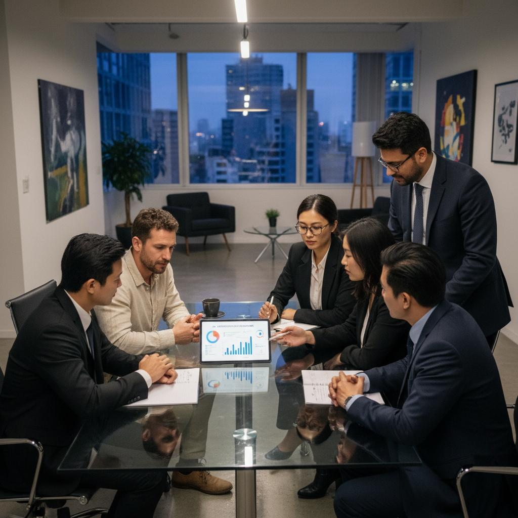 A diverse group of professionals, including an expat-looking individual, having a focused discussion around a tablet displaying UK property market trends and investment charts, in a sleek, contemporary office setting. Photorealistic.