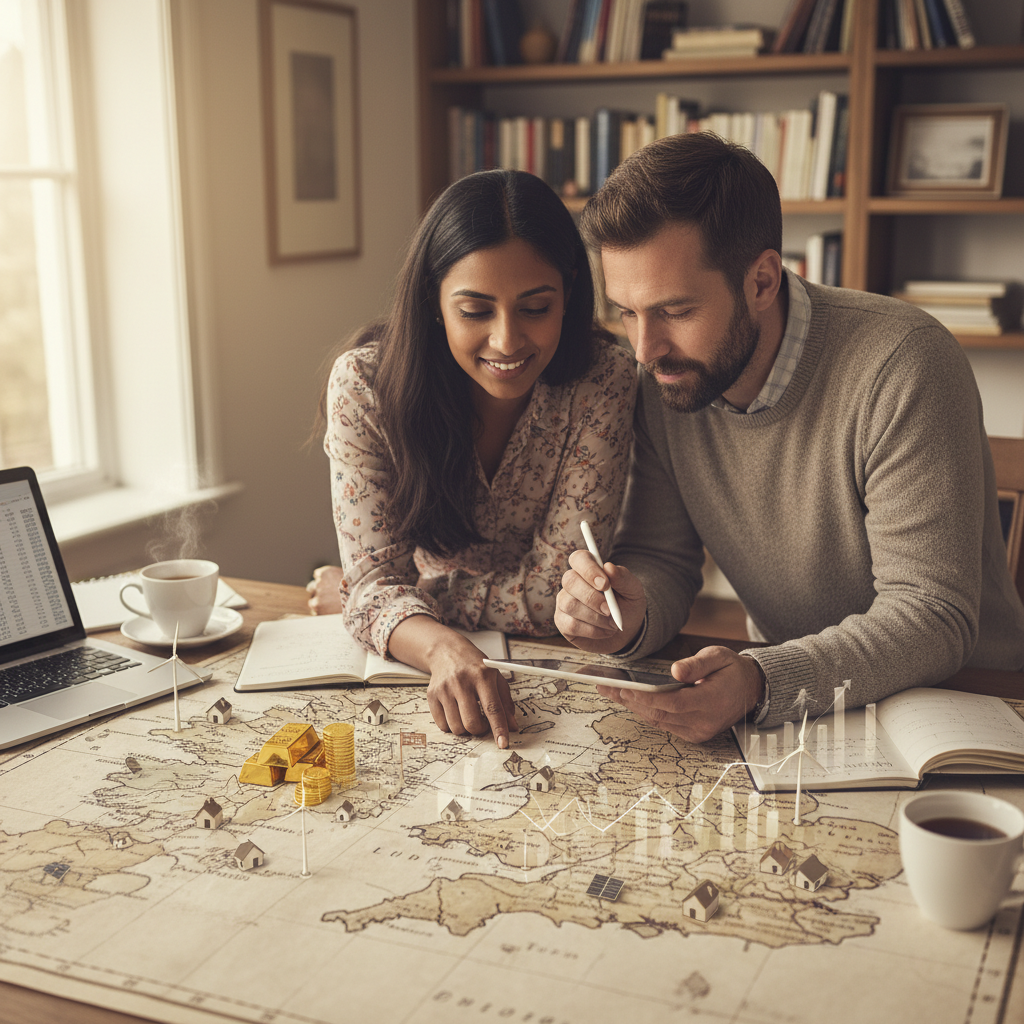 A detailed map of the United Kingdom with various types of investment opportunities (houses, financial charts, gold coins) subtly overlaid or indicated across different regions, with a diverse couple looking at it, planning their future. Photorealistic.