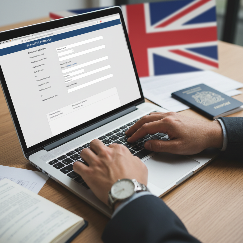 A close-up, high-angle shot of an expat entrepreneur's hands meticulously filling out an application form on a laptop, with a UK flag subtly blurred in the background, professional and focused atmosphere, photorealistic.