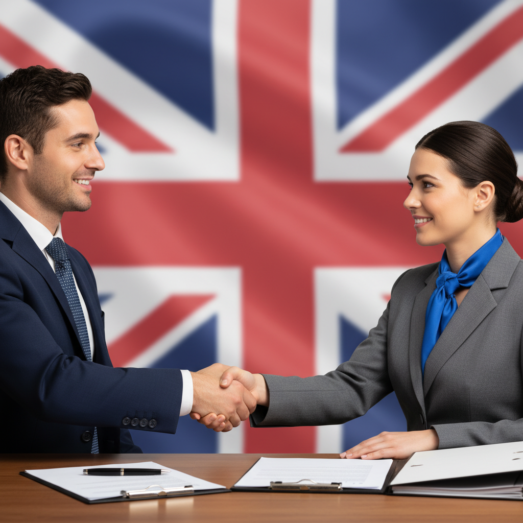 A professional expat in a suit shaking hands with a UK visa officer, both smiling, with a blurred backdrop of the UK flag and business documents on a desk. Photorealistic, soft lighting.