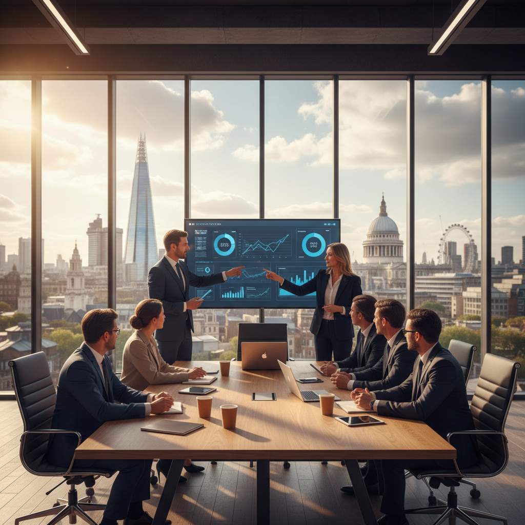A diverse group of successful business professionals collaborating in a modern, sunlit London office, with a view of iconic city buildings in the background. Photorealistic, vibrant colors.